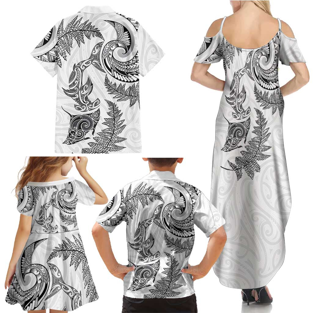 New Zealand Sea Animals with Maori Tribal Tattoo Family Matching Summer Maxi Dress and Hawaiian Shirt Shark Manta Ray with Silver Fern White