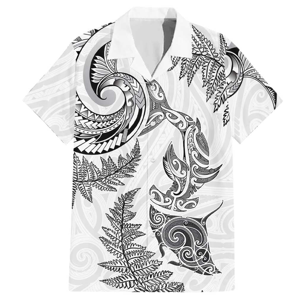New Zealand Sea Animals with Maori Tribal Tattoo Family Matching Summer Maxi Dress and Hawaiian Shirt Shark Manta Ray with Silver Fern White