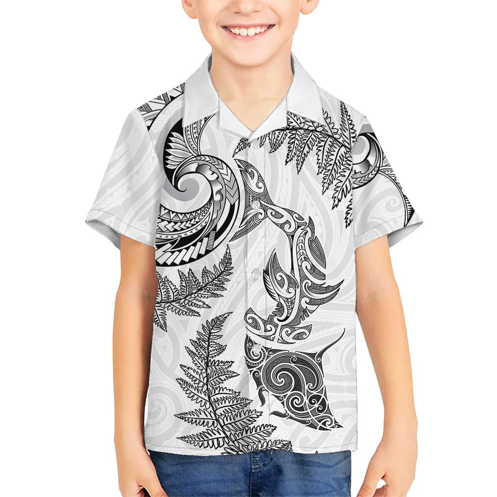 New Zealand Sea Animals with Maori Tribal Tattoo Family Matching Summer Maxi Dress and Hawaiian Shirt Shark Manta Ray with Silver Fern White