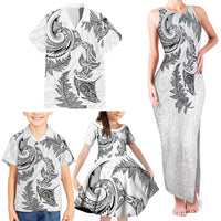 New Zealand Sea Animals with Maori Tribal Tattoo Family Matching Tank Maxi Dress and Hawaiian Shirt Shark Manta Ray with Silver Fern White