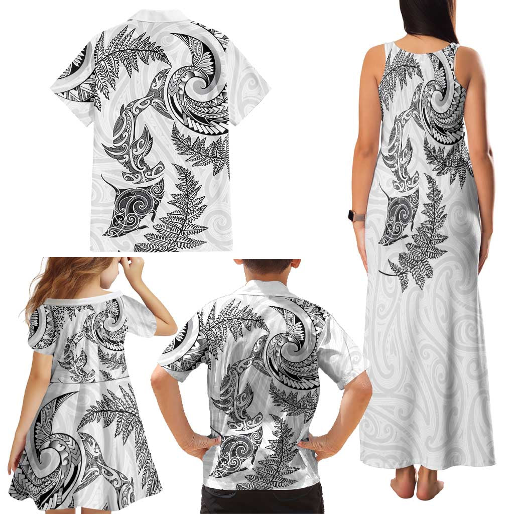 New Zealand Sea Animals with Maori Tribal Tattoo Family Matching Tank Maxi Dress and Hawaiian Shirt Shark Manta Ray with Silver Fern White