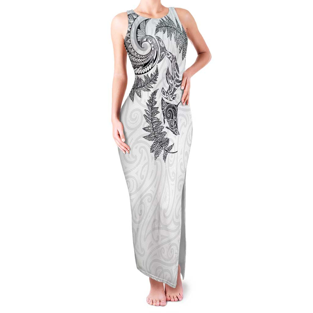 New Zealand Sea Animals with Maori Tribal Tattoo Family Matching Tank Maxi Dress and Hawaiian Shirt Shark Manta Ray with Silver Fern White