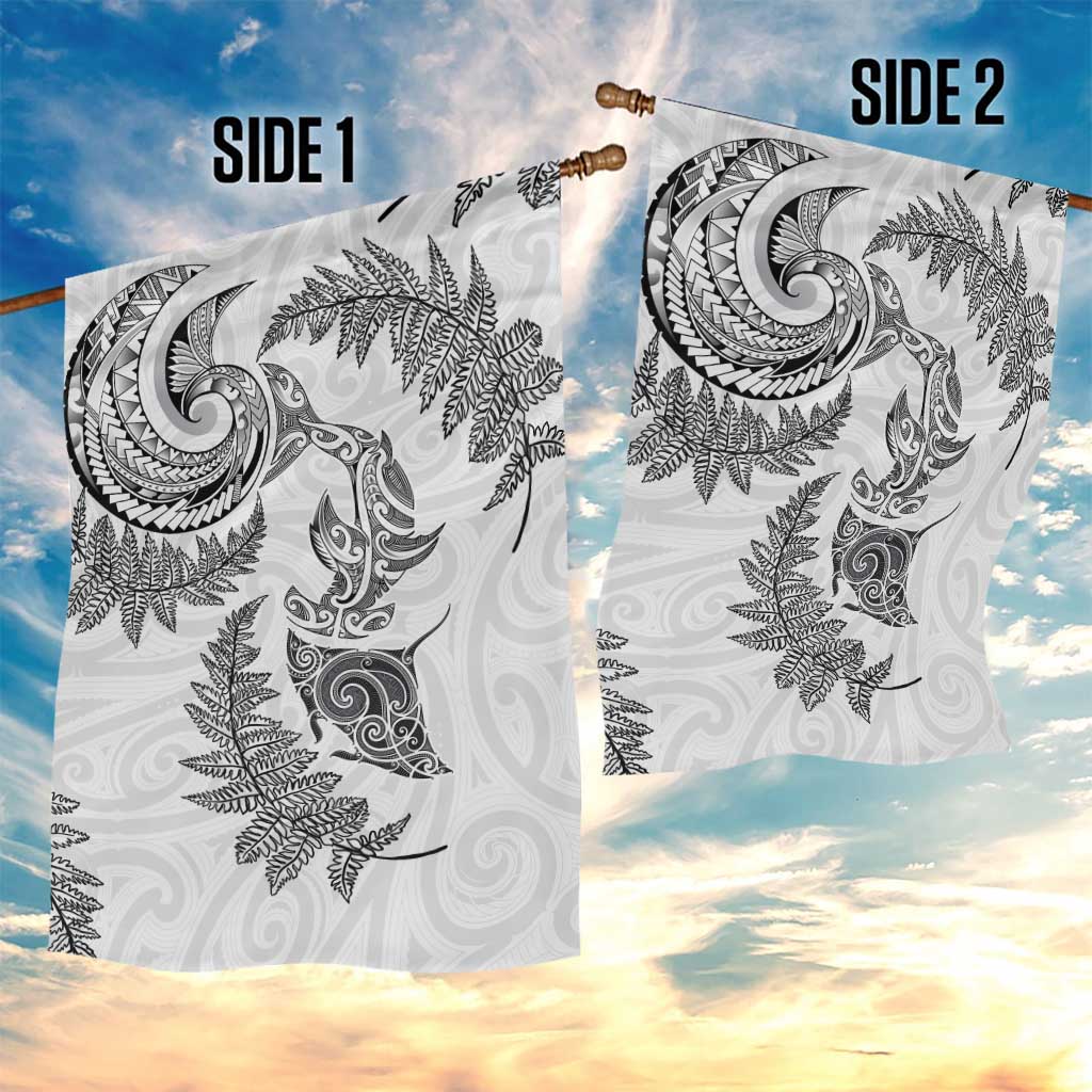 New Zealand Sea Animals with Maori Tribal Tattoo Garden Flag Shark Manta Ray with Silver Fern White