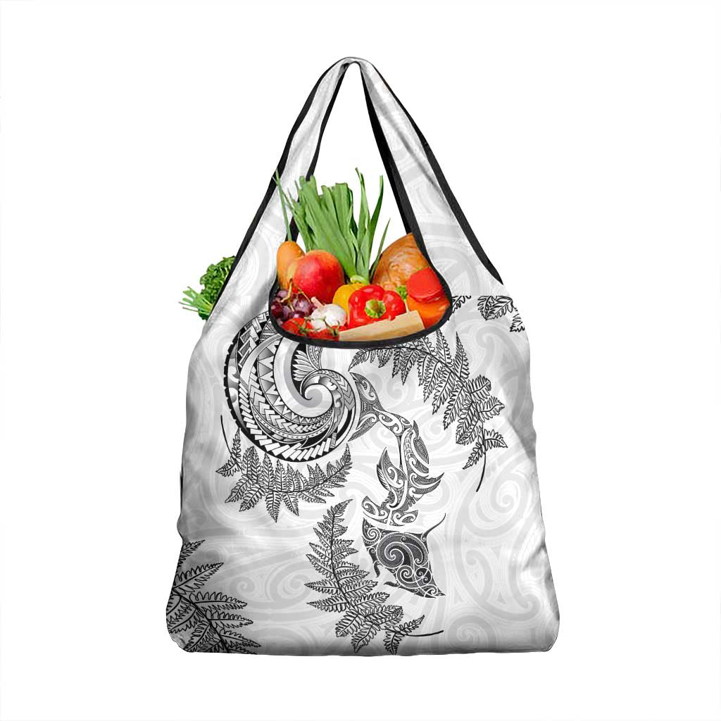 New Zealand Sea Animals with Maori Tribal Tattoo Grocery Bag Shark Manta Ray with Silver Fern White