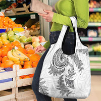 New Zealand Sea Animals with Maori Tribal Tattoo Grocery Bag Shark Manta Ray with Silver Fern White