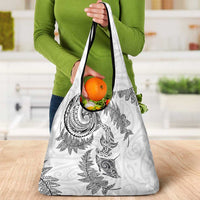 New Zealand Sea Animals with Maori Tribal Tattoo Grocery Bag Shark Manta Ray with Silver Fern White