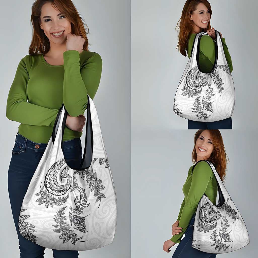 New Zealand Sea Animals with Maori Tribal Tattoo Grocery Bag Shark Manta Ray with Silver Fern White