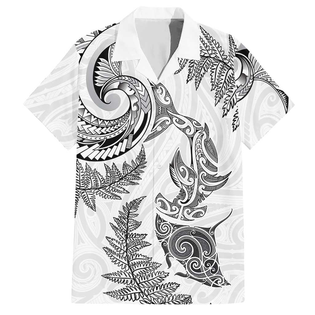 New Zealand Sea Animals with Maori Tribal Tattoo Hawaiian Shirt Shark Manta Ray with Silver Fern White