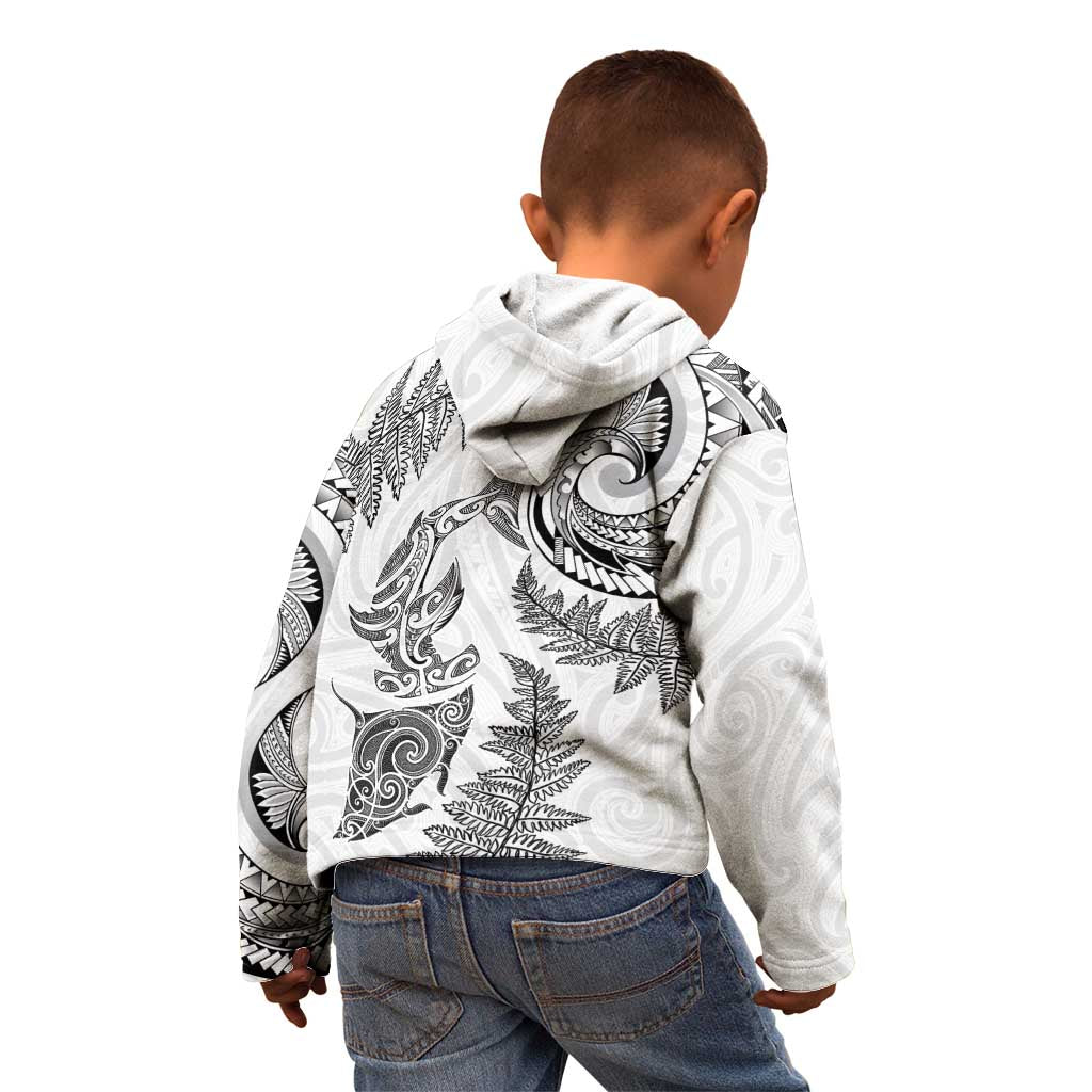 New Zealand Sea Animals with Maori Tribal Tattoo Kid Hoodie Shark Manta Ray with Silver Fern White