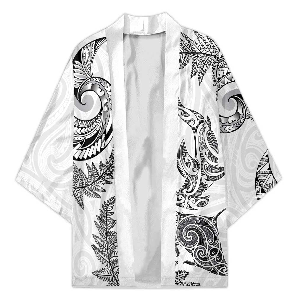 New Zealand Sea Animals with Maori Tribal Tattoo Kimono Shark Manta Ray with Silver Fern White