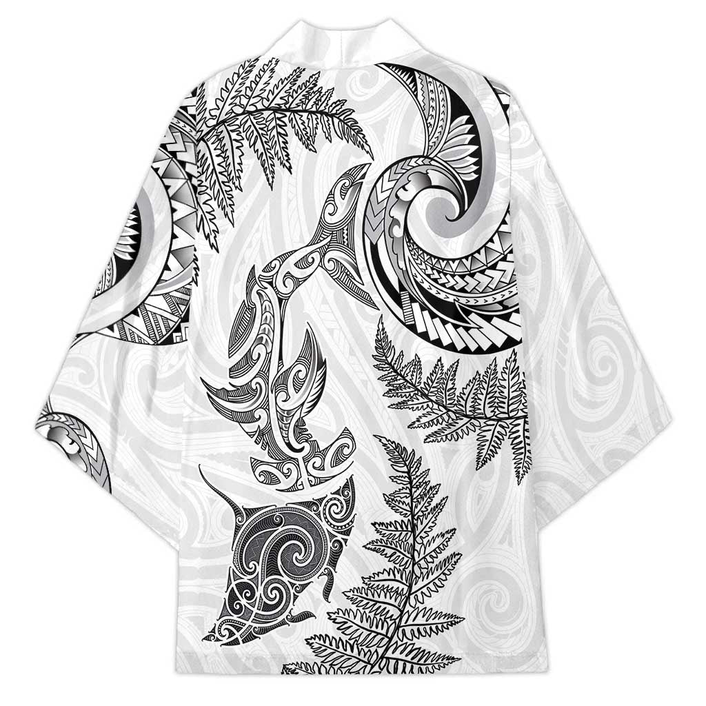 New Zealand Sea Animals with Maori Tribal Tattoo Kimono Shark Manta Ray with Silver Fern White