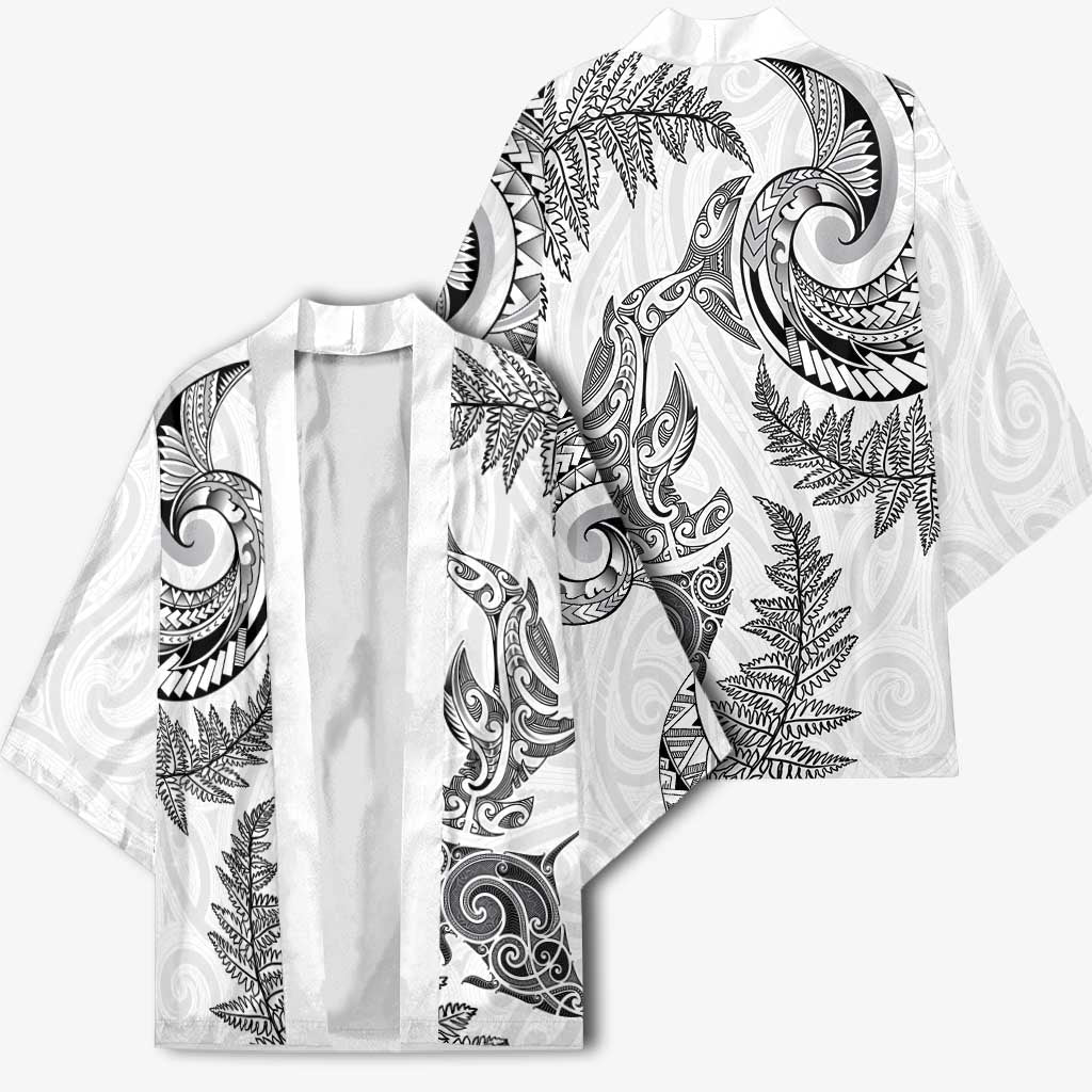 New Zealand Sea Animals with Maori Tribal Tattoo Kimono Shark Manta Ray with Silver Fern White