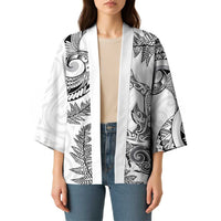 New Zealand Sea Animals with Maori Tribal Tattoo Kimono Shark Manta Ray with Silver Fern White