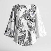 New Zealand Sea Animals with Maori Tribal Tattoo Kimono Sleeve Blouse Shark Manta Ray with Silver Fern White