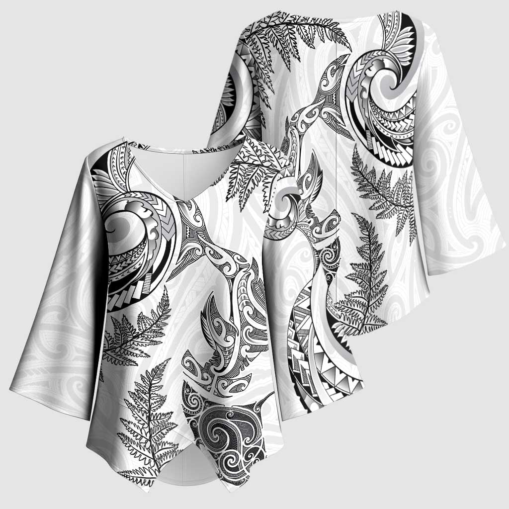 New Zealand Sea Animals with Maori Tribal Tattoo Kimono Sleeve Blouse Shark Manta Ray with Silver Fern White