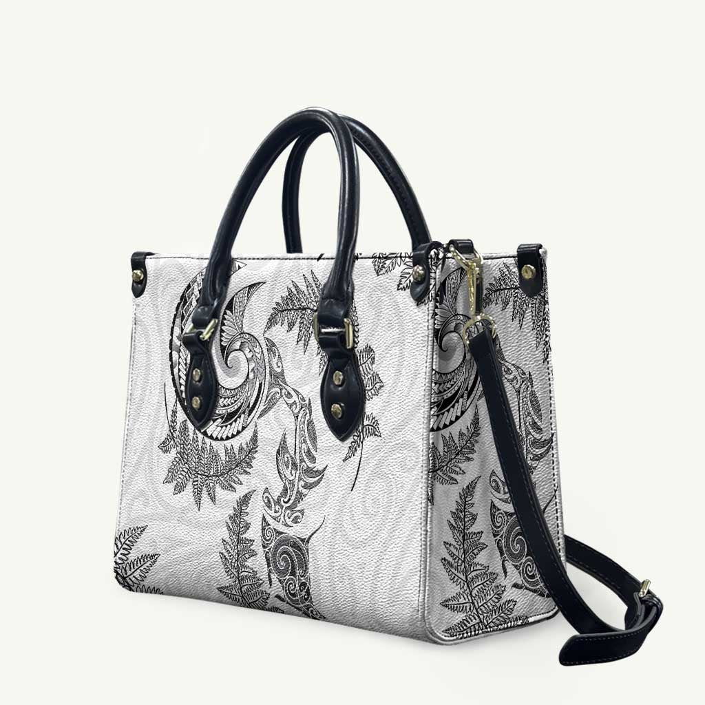 New Zealand Sea Animals with Maori Tribal Tattoo Leather Bag Shark Manta Ray with Silver Fern White