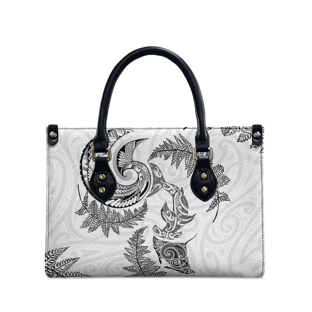 New Zealand Sea Animals with Maori Tribal Tattoo Leather Bag Shark Manta Ray with Silver Fern White