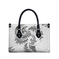 New Zealand Sea Animals with Maori Tribal Tattoo Leather Bag Shark Manta Ray with Silver Fern White