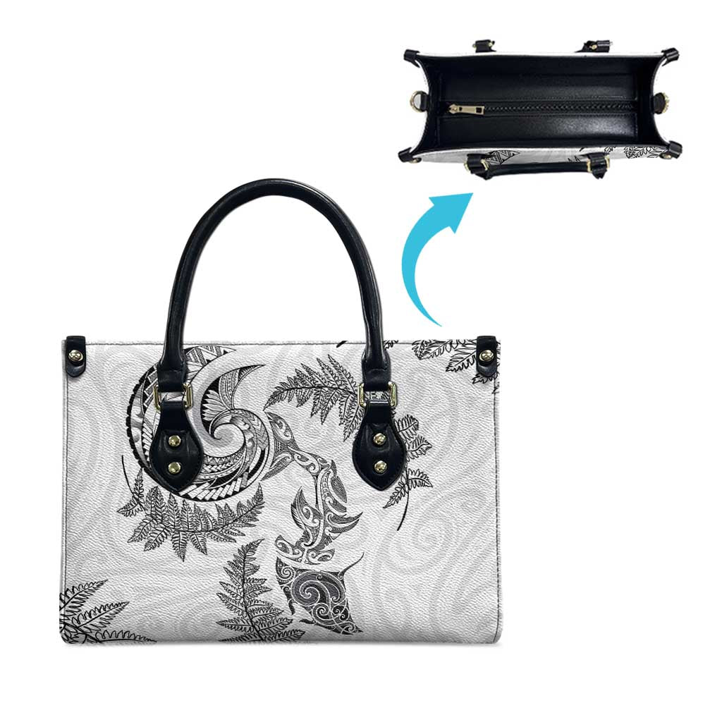 New Zealand Sea Animals with Maori Tribal Tattoo Leather Bag Shark Manta Ray with Silver Fern White