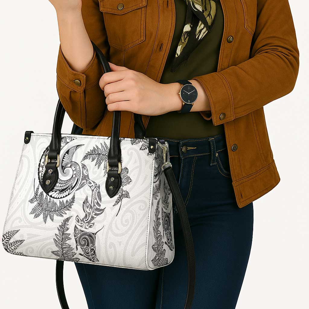 New Zealand Sea Animals with Maori Tribal Tattoo Leather Bag Shark Manta Ray with Silver Fern White