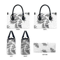 New Zealand Sea Animals with Maori Tribal Tattoo Leather Bag Shark Manta Ray with Silver Fern White