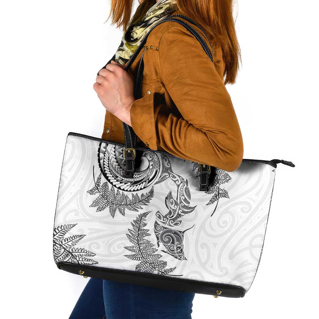 New Zealand Sea Animals with Maori Tribal Tattoo Leather Tote Bag Shark Manta Ray with Silver Fern White