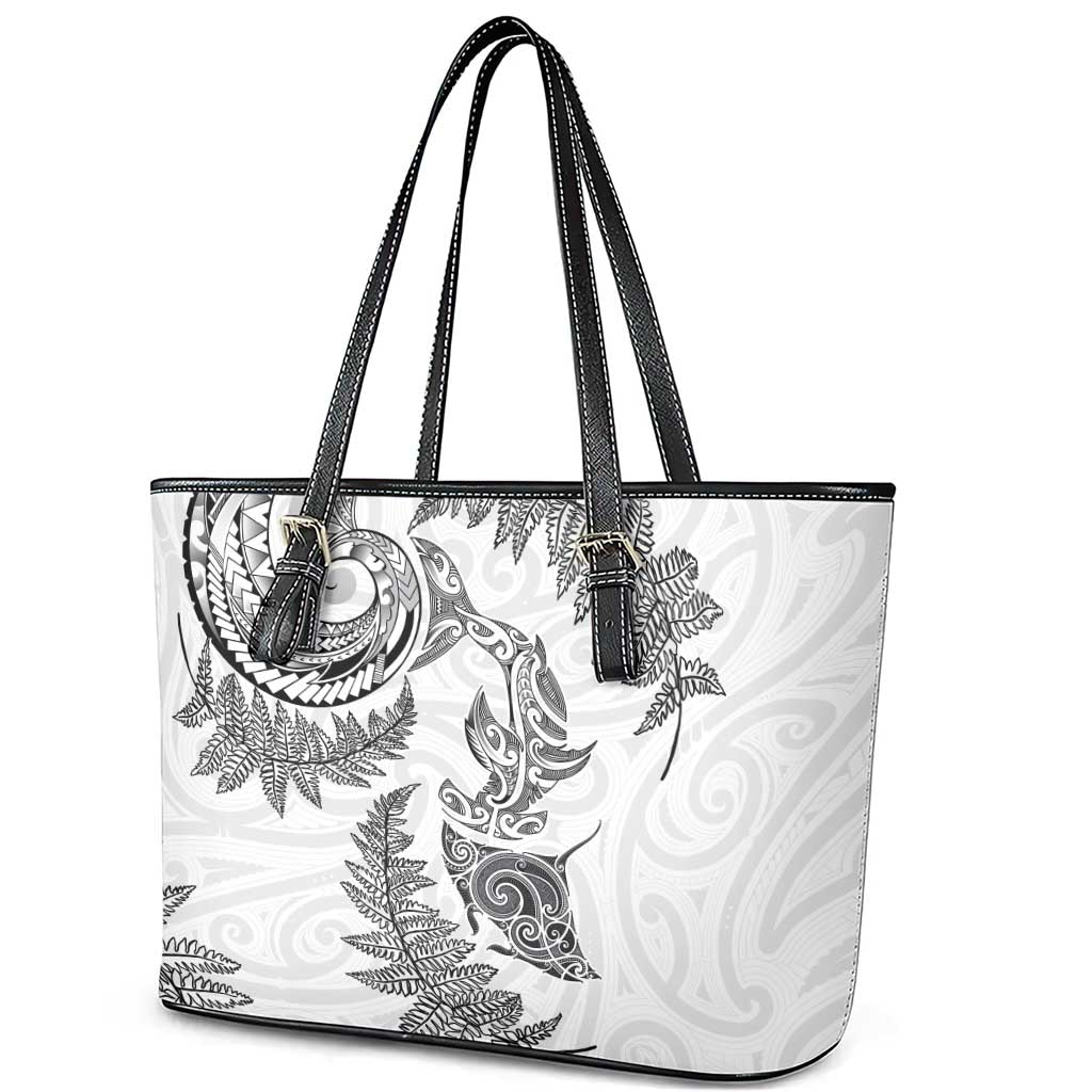 New Zealand Sea Animals with Maori Tribal Tattoo Leather Tote Bag Shark Manta Ray with Silver Fern White