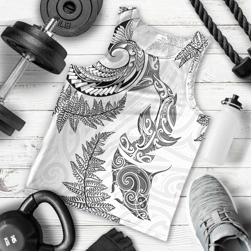 New Zealand Sea Animals with Maori Tribal Tattoo Men Tank Top Shark Manta Ray with Silver Fern White