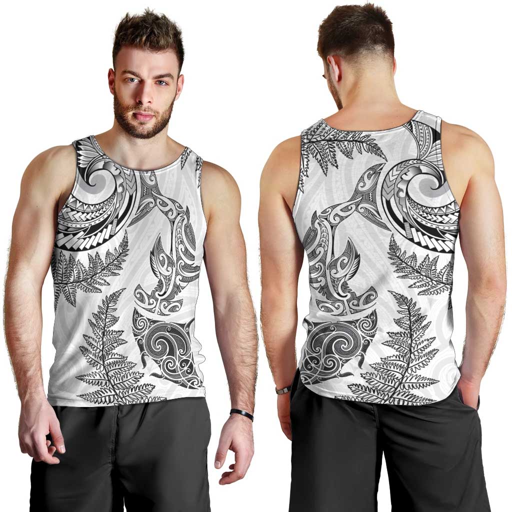 New Zealand Sea Animals with Maori Tribal Tattoo Men Tank Top Shark Manta Ray with Silver Fern White