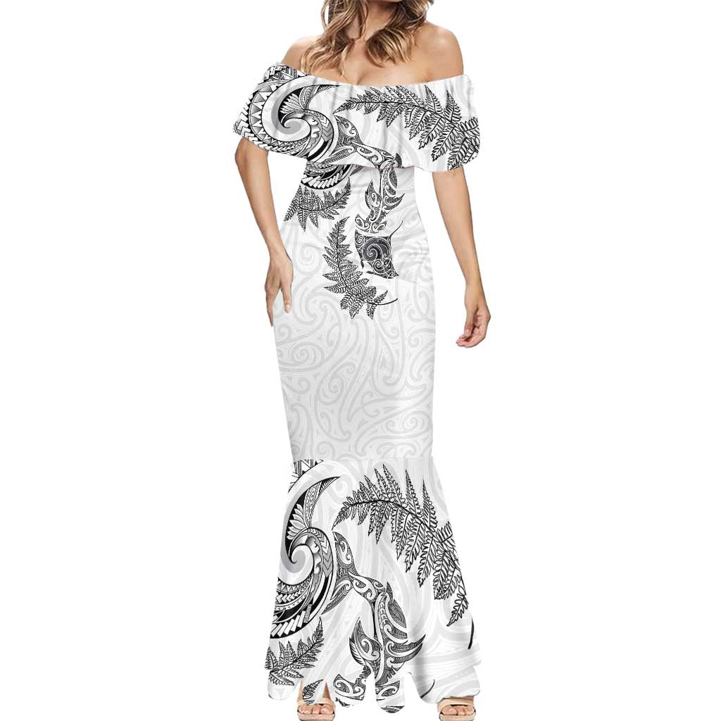 New Zealand Sea Animals with Maori Tribal Tattoo Mermaid Dress Shark Manta Ray with Silver Fern White