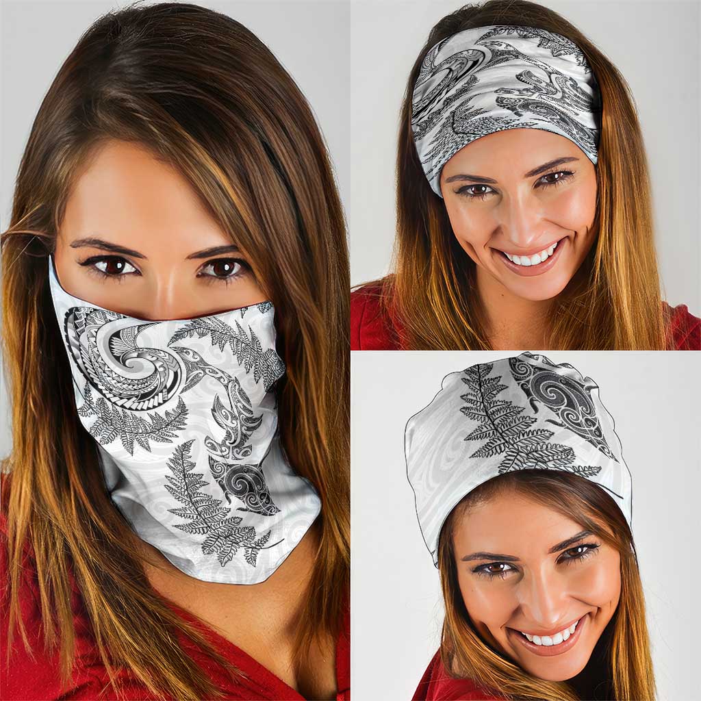 New Zealand Sea Animals with Maori Tribal Tattoo Neck Gaiter Shark Manta Ray with Silver Fern White