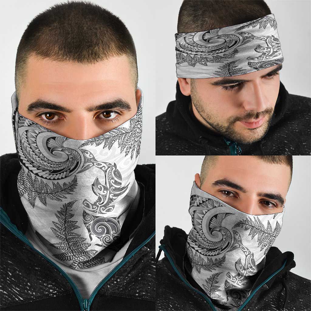 New Zealand Sea Animals with Maori Tribal Tattoo Neck Gaiter Shark Manta Ray with Silver Fern White
