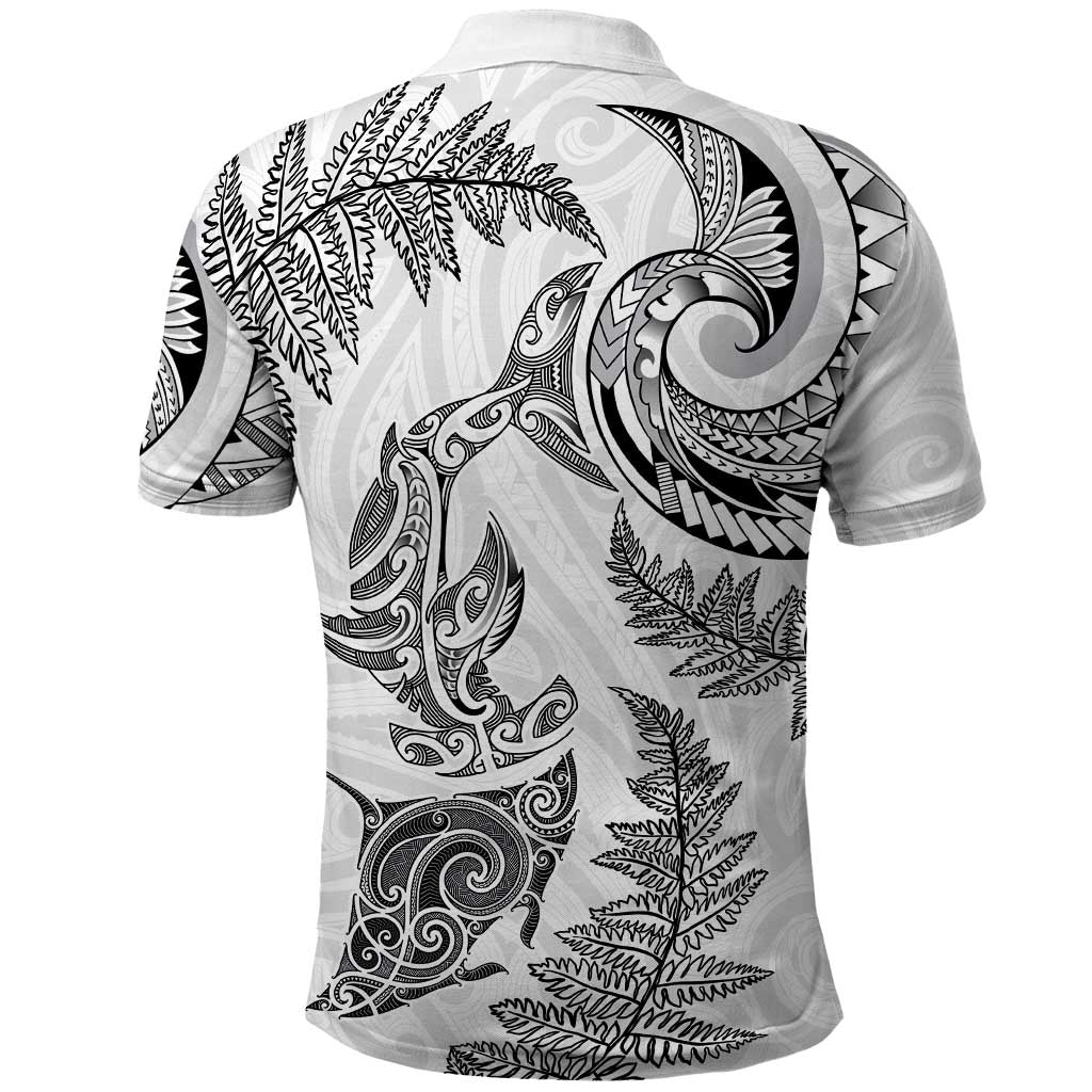 New Zealand Sea Animals with Maori Tribal Tattoo Polo Shirt Shark Manta Ray with Silver Fern White