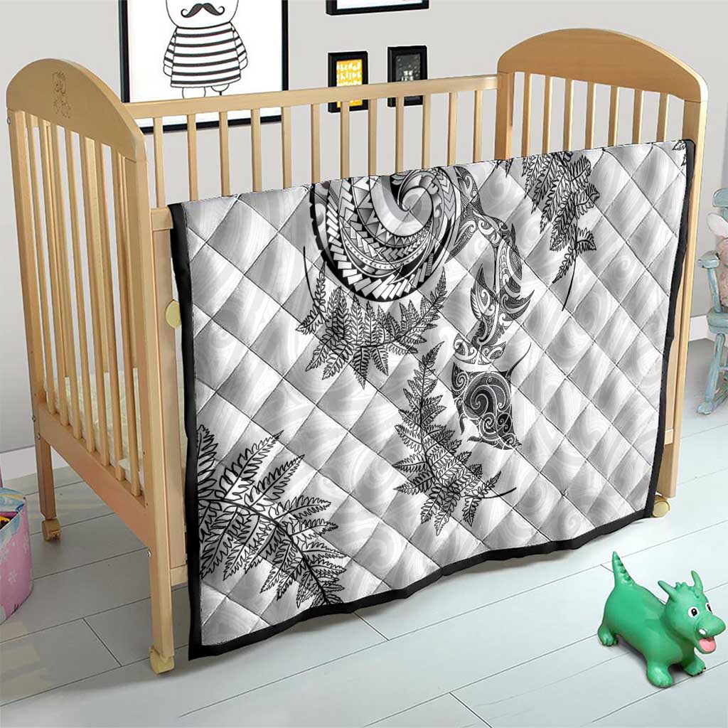 New Zealand Sea Animals with Maori Tribal Tattoo Quilt Shark Manta Ray with Silver Fern White