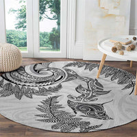 New Zealand Sea Animals with Maori Tribal Tattoo Round Carpet Shark Manta Ray with Silver Fern White