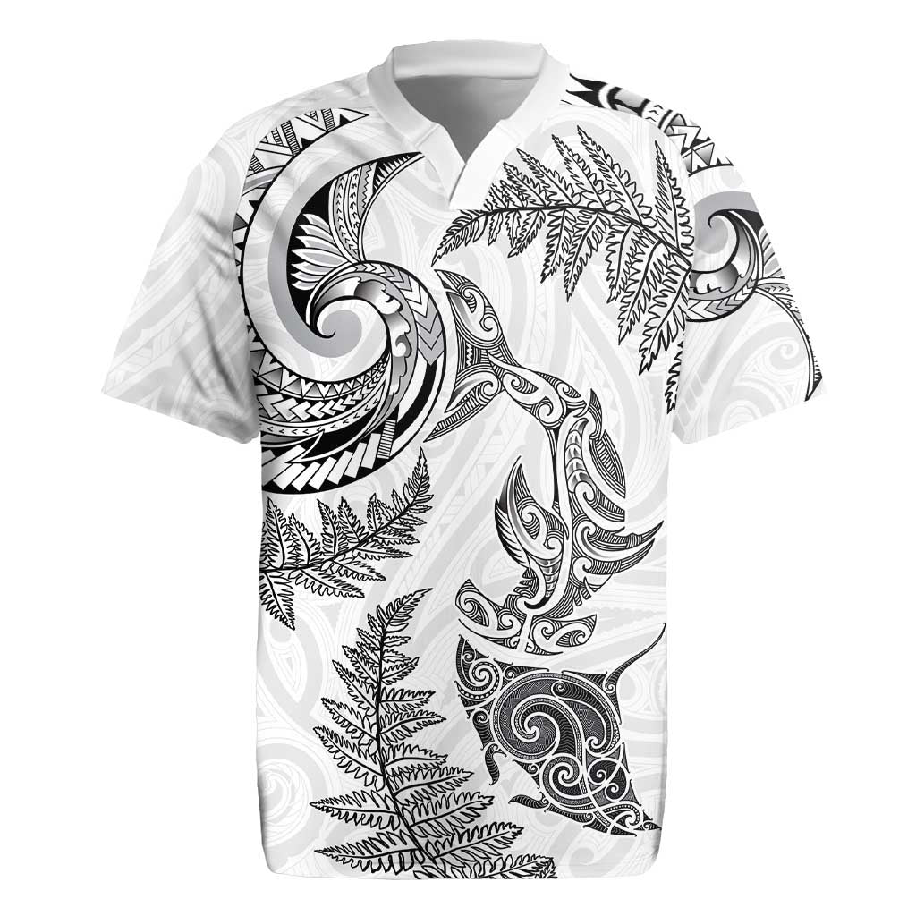 New Zealand Sea Animals with Maori Tribal Tattoo Rugby Jersey Shark Manta Ray with Silver Fern White