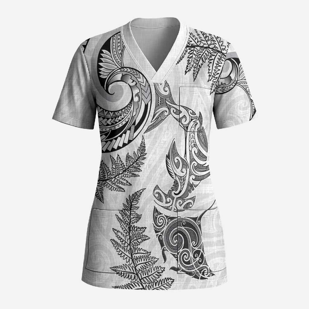 New Zealand Sea Animals with Maori Tribal Tattoo Scrub Top Shark Manta Ray with Silver Fern White