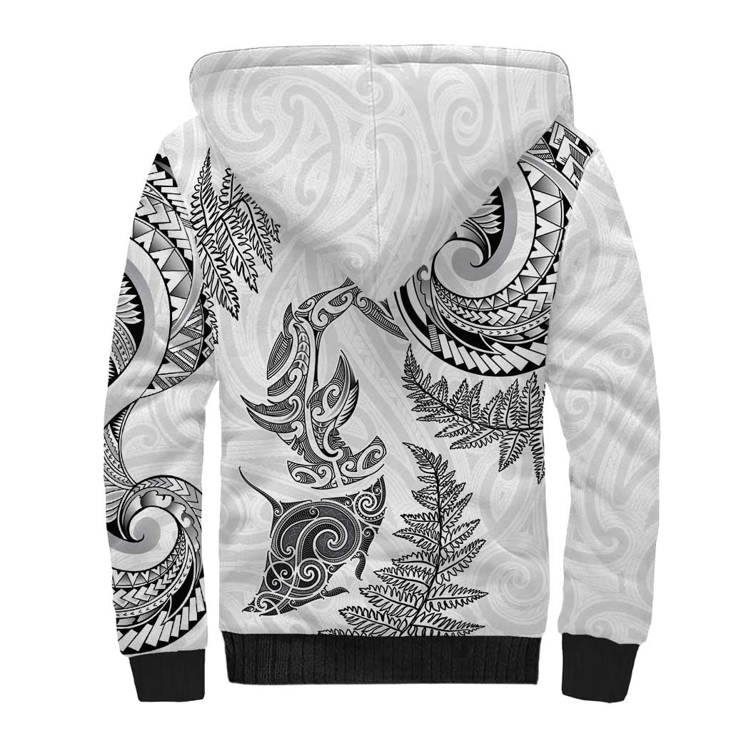 New Zealand Sea Animals with Maori Tribal Tattoo Sherpa Hoodie Shark Manta Ray with Silver Fern White