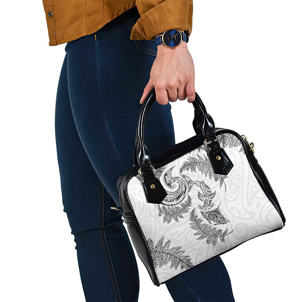 New Zealand Sea Animals with Maori Tribal Tattoo Shoulder Handbag Shark Manta Ray with Silver Fern White