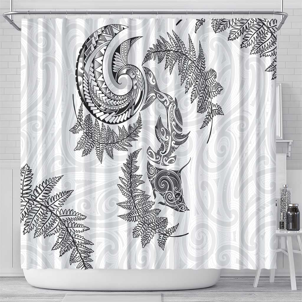 New Zealand Sea Animals with Maori Tribal Tattoo Shower Curtain Shark Manta Ray with Silver Fern White