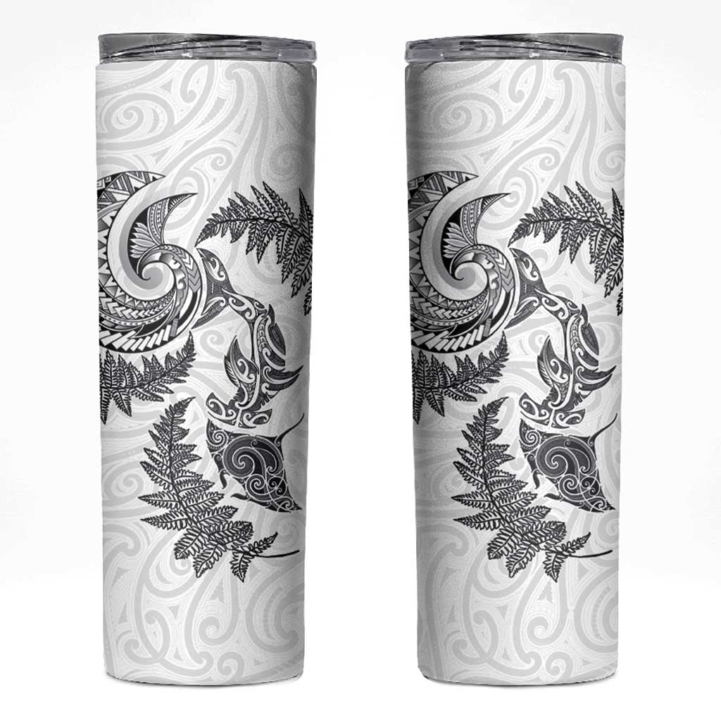 New Zealand Sea Animals with Maori Tribal Tattoo Skinny Tumbler Shark Manta Ray with Silver Fern White