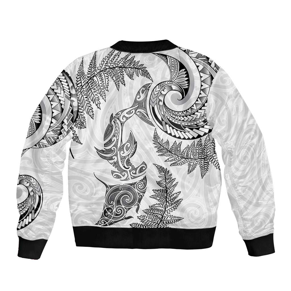 New Zealand Sea Animals with Maori Tribal Tattoo Sleeve Zip Bomber Jacket Shark Manta Ray with Silver Fern White
