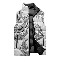 New Zealand Sea Animals with Maori Tribal Tattoo Sleeveless Puffer Jacket Shark Manta Ray with Silver Fern White