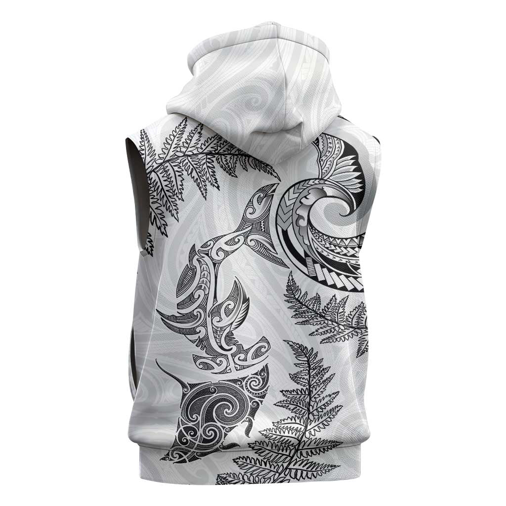 New Zealand Sea Animals with Maori Tribal Tattoo Sleeveless Zip Hoodie Shark Manta Ray with Silver Fern White