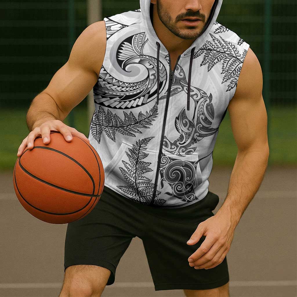 New Zealand Sea Animals with Maori Tribal Tattoo Sleeveless Zip Hoodie Shark Manta Ray with Silver Fern White