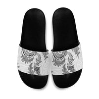 New Zealand Sea Animals with Maori Tribal Tattoo Slide Sandals Shark Manta Ray with Silver Fern White