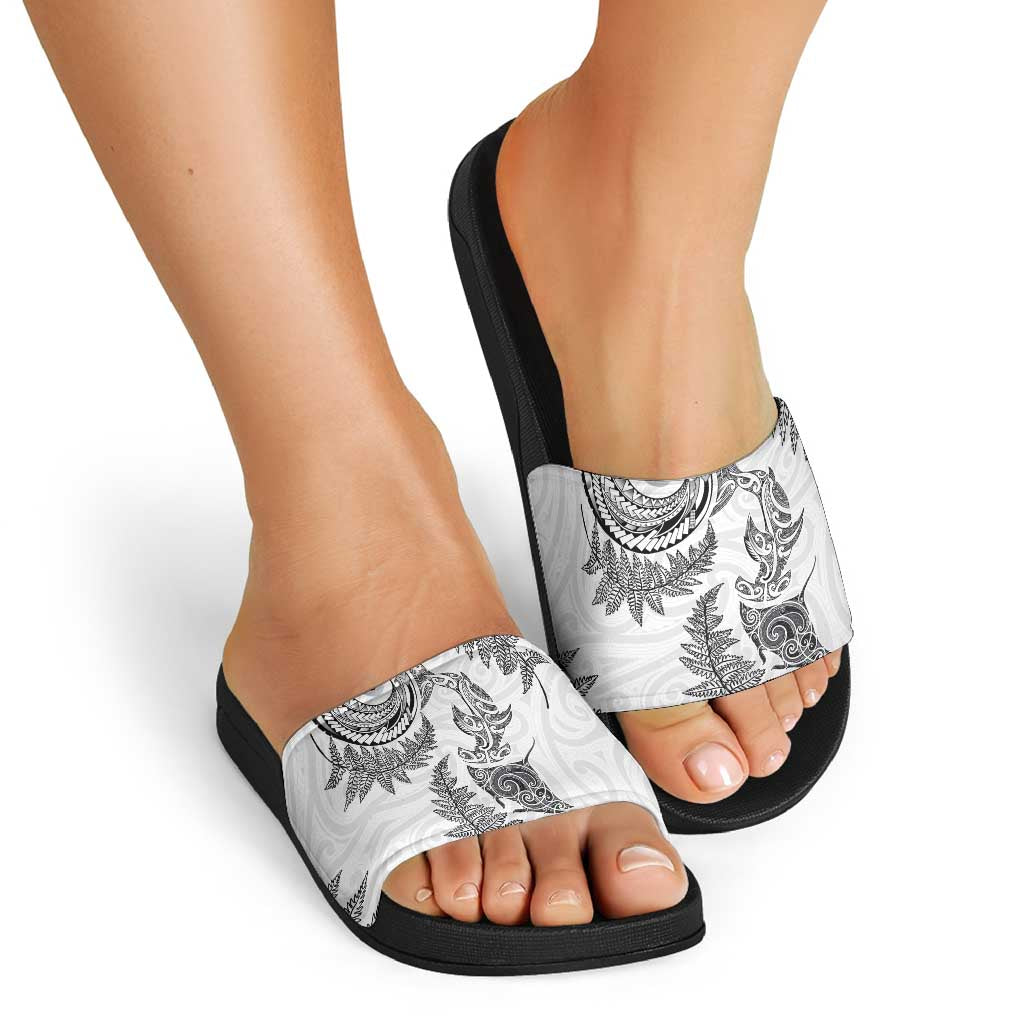 New Zealand Sea Animals with Maori Tribal Tattoo Slide Sandals Shark Manta Ray with Silver Fern White