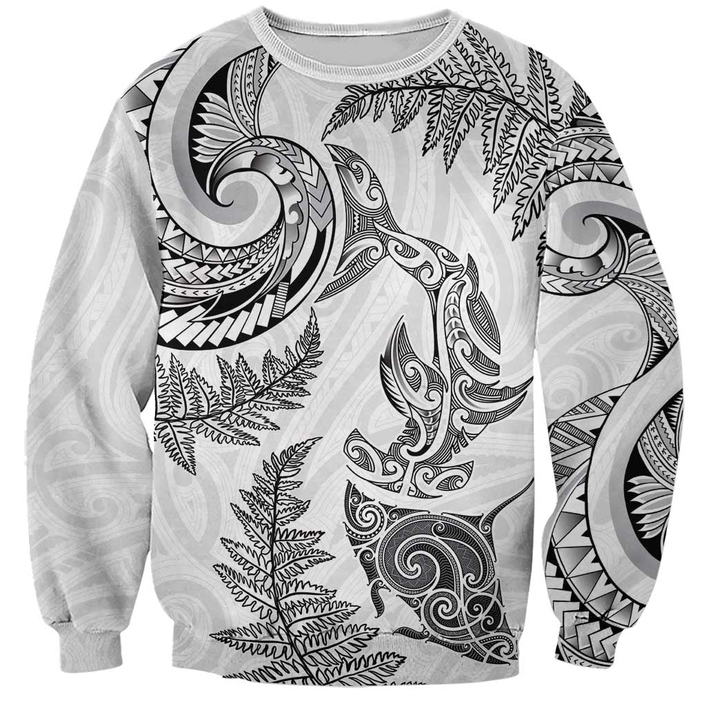 New Zealand Sea Animals with Maori Tribal Tattoo Sweatshirt Shark Manta Ray with Silver Fern White LT03 Unisex White - Polynesian Pride