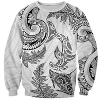 New Zealand Sea Animals with Maori Tribal Tattoo Sweatshirt Shark Manta Ray with Silver Fern White