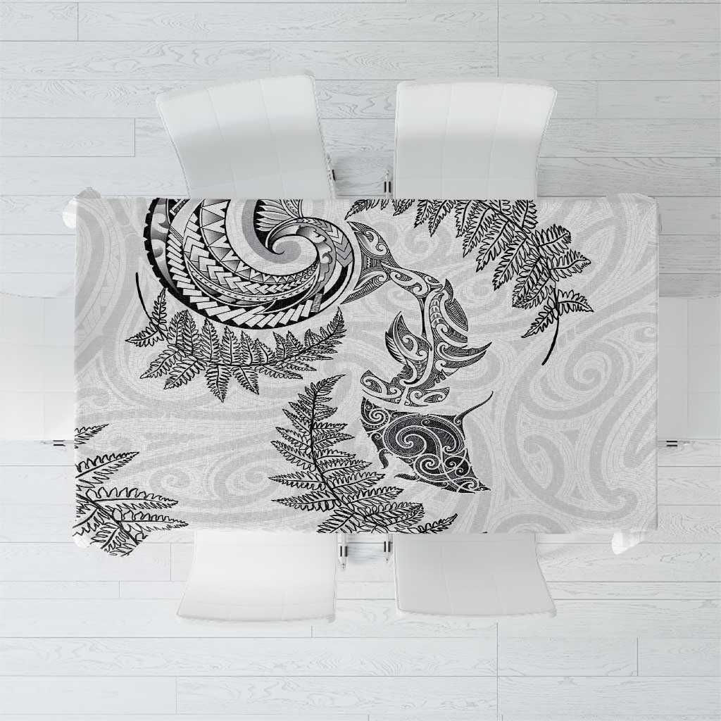 New Zealand Sea Animals with Maori Tribal Tattoo Tablecloth Shark Manta Ray with Silver Fern White